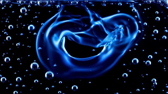A blue bubble ring swirling in water, surrounded by tiny air bubbles