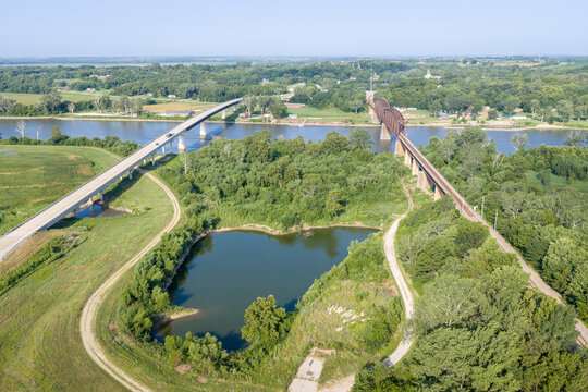 Highway and railroad bridges across the Missouri RIver at Rulo, Nebraska, summer aerial view