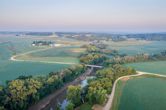 Lamine River at Roberts Bluff access in Missouri, aerial view of summer scenery at dawn