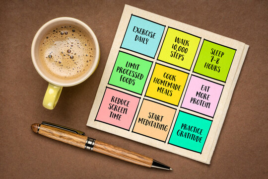 New Year resolutions for healthy lifestyle - set of inspirational notes with tips and guidelines.