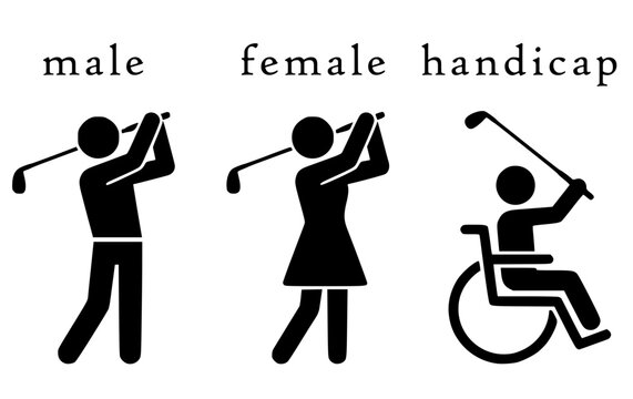 male female handicap holding golf-club golfer golfing toilet sign signage lavatory water closet monochrome symbol icon white background
