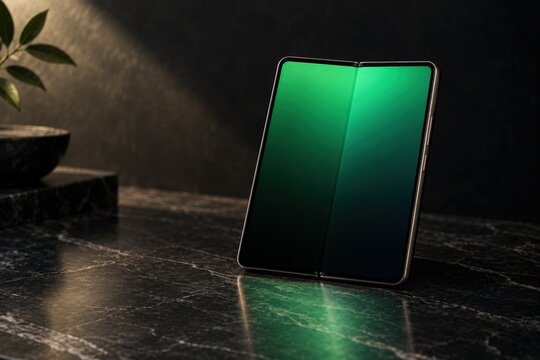 Foldable smartphone with green screen on marble table