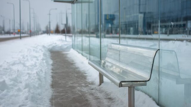 Modern glass bus stop with a metal bench stands empty on a snowy winter day in the city. Urban public transportation infrastructure blends with cold seasonal weather conditions