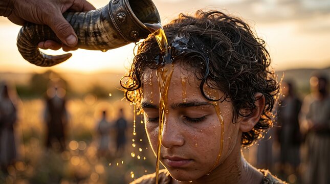 Prophet Samuel Anointing Young David as Future King with Oil from a Horn