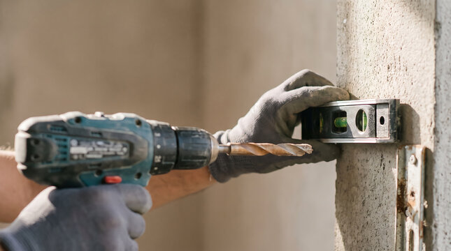 Construction worker hands holding cordless drill and spirit level checking alignment while drilling into concrete wall on job site