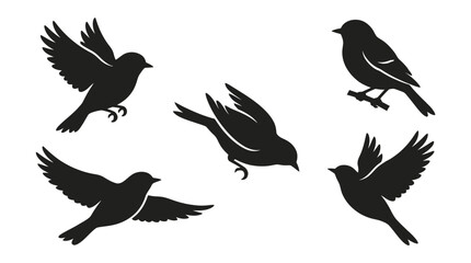 Obraz premium Black bird silhouettes depicted in various flying and perched poses isolated on a plain white background