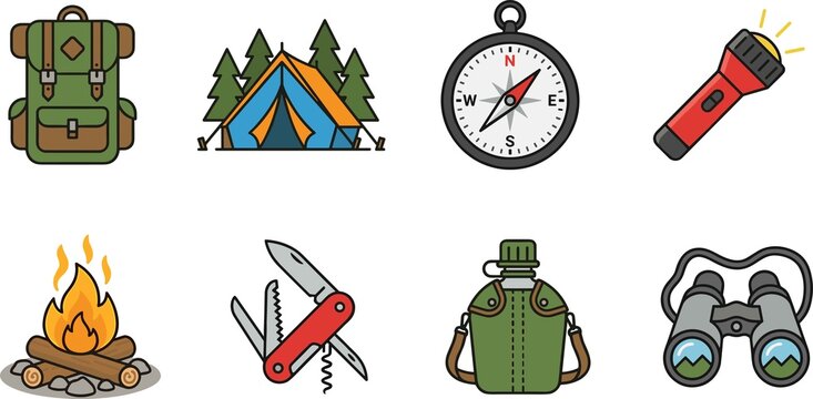 Collection of colorful camping and outdoor adventure equipment icons isolated on white