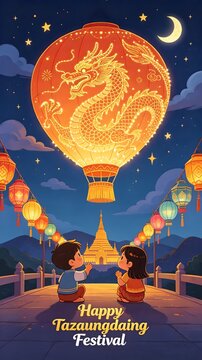 Happy Tazaungdaing Festival Night Poster with Burmese Kids Watching Glowing Dragon Hot Air Balloon and Golden Pagoda   