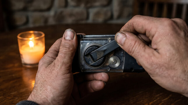 Hands cranking manual emergency radio generator with exposed gears beside glowing candle during power outage in dim candlelit room