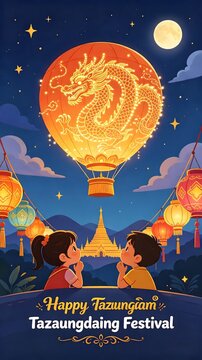 Happy Tazaungdaing Festival Night Poster with Burmese Kids Watching Glowing Dragon Hot Air Balloon and Golden Pagoda   