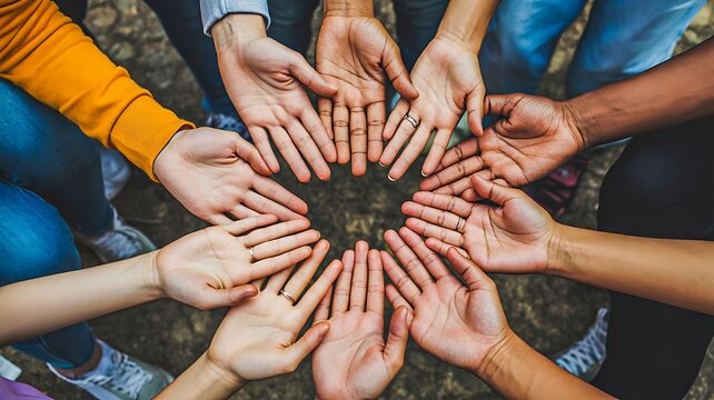 Diverse hands forming a circle around a heart shape symbolizing unity community and support