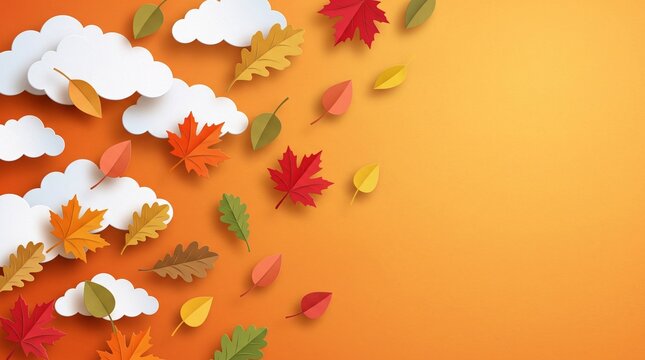 Colorful autumn leaves and white paper clouds on an orange background for fall season design