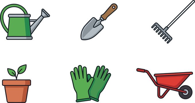 Collection of gardening tools including watering can trowel rake and wheelbarrow