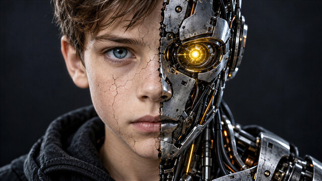 Half human boy and half robot cyborg split face portrait