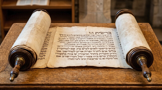 Ancient Hebrew scroll on table, showing parchment text, wooden rollers. Ancient Hebrew scroll embodies deep tradition, cultural heritage. Use for historical study, religious education,