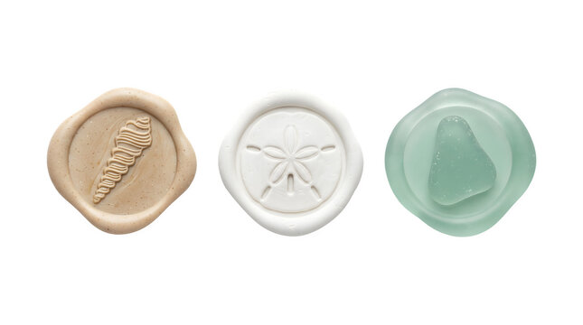 Three wax seals with beachthemed impressions including a seashell, a sand dollar, and a piece of sea glass isolated on transparent background