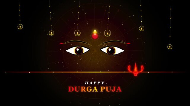 Happy durga puja goddess durga eyes with a red bindi, glowing diwali lamps and trishul motion background.