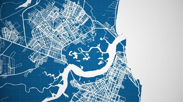 Ink reveal animation of Natal city, Rio Grande do Norte, Brasil (Brazil) grid map. Aerial top view. Blueprint style. White lines with blue background. 4K Seamless loop.