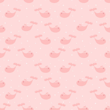 Cute Pink Whale Seamless Pattern with Stars on Pastel Pink Background