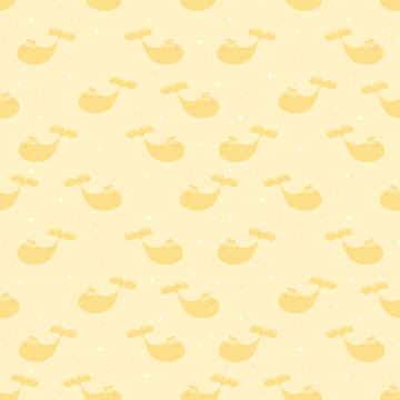 Cute Yellow Whale Seamless Pattern with Stars on Pastel Yellow Background