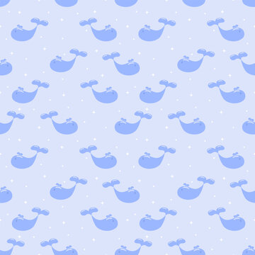 Cute Blue Whale Seamless Pattern with Stars on Pastel Blue Background