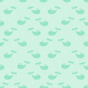 Cute Mint Green Whale Seamless Pattern with Stars on Pastel Mint Background