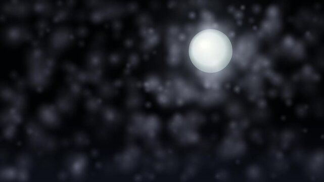 Full moon shines through misty night sky with falling snow motion.