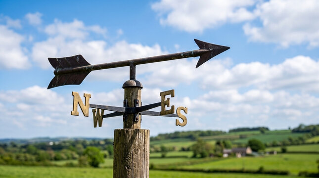 Arrow weathervane pointing wind direction with clear blue sky and green landscape. Arrow weathervane indicates direction with N, W, E, and S letters visible against a beautiful rural background.