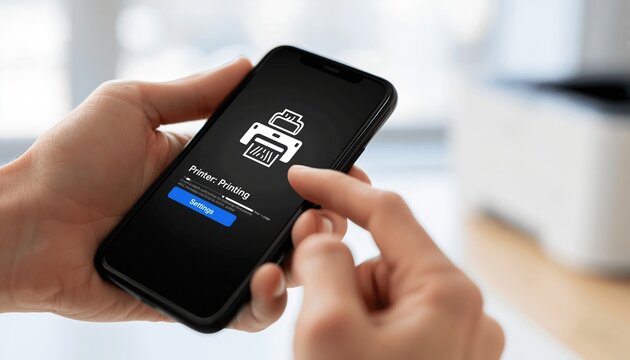 Hands hold a smartphone while a finger taps a printer control. The screen shows a printer icon and active printing status. Mobile printing supports a connected office workflow.