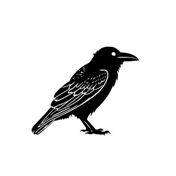 Black raven crow silhouette icon isolated on white background for Halloween decoration