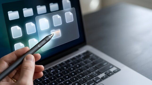 Person using stylus to organize digital files on a modern laptop screen