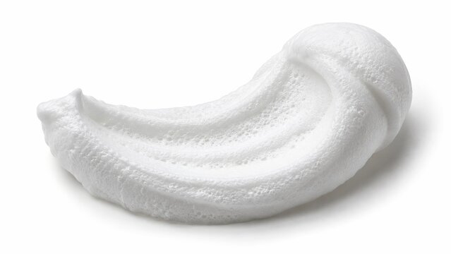 Shaving foam in a crescent ribbon, white aerated texture shown as realistic detail on plain background for personal care packaging