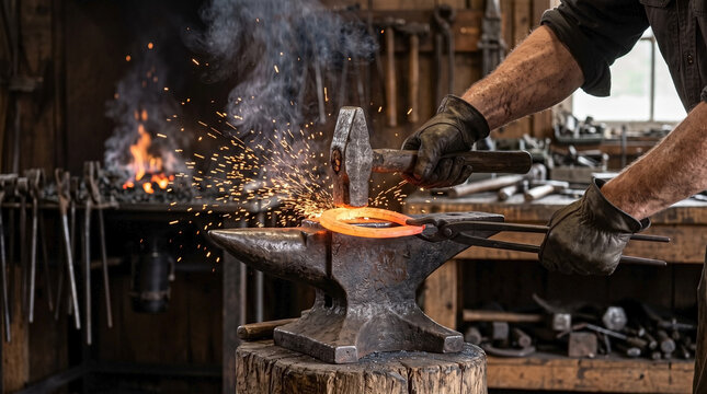 Blacksmith forging metal with glowing hot iron on anvil in workshop. Blacksmith process includes shaping metal, hot iron sparks, and craftsmanship skills.