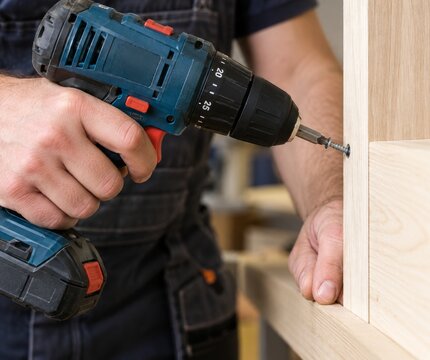 Person using a power drill to secure screws in a wooden structure in a workshop setting