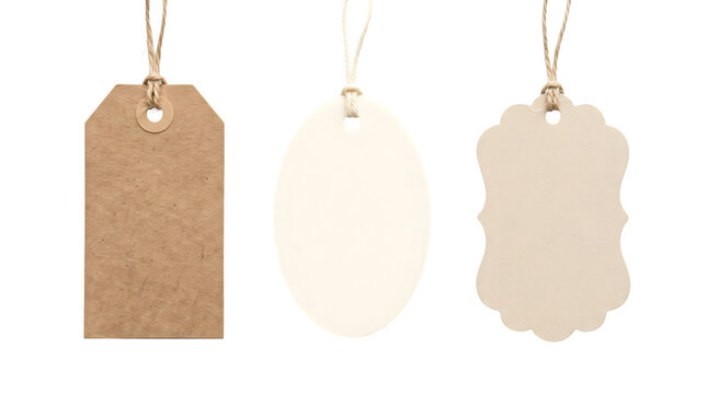 Three different shaped blank paper gift tags with strings isolated on transparent background