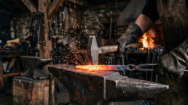 Blacksmith forging metal with hammer striking red hot iron on anvil. Blacksmithing process includes creative craftsmanship, sparks flying during forging. Concept blacksmithing for art and tradition.