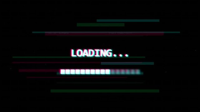Computer loading screen with glitch effect and progress bar footage.