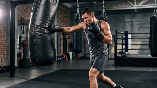 Boxer training in gym with punching bag, focused athlete delivering powerful punches during intense workout. Boxing session includes sweat and determination for improving skills and fitness.