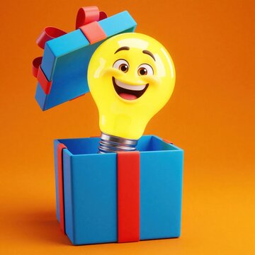 Joyful character light bulb emerges from blue gift box. Bright idea pops out of present on orange backdrop. Surprise, creativity, and innovation concept.
