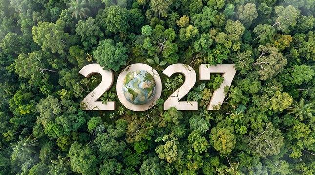 Aerial view of green forest with 2027 and Earth icon for environmental awareness, sustainability goals, and climate change action, happy new year and environment day, carbon reduction to net zero. 