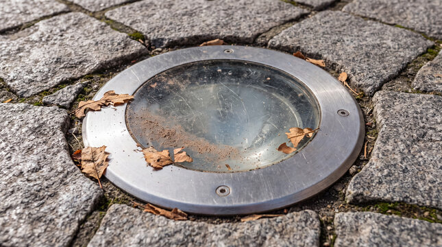 Recessed ground lamp integrated into a stone block pathway, providing ambient outdoor lighting and enhancing urban design