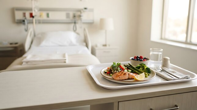 Nutritious hospital meal with grilled salmon asparagus broccoli quinoa salad and fresh berries served on tray for patient recovery and healthy diet.