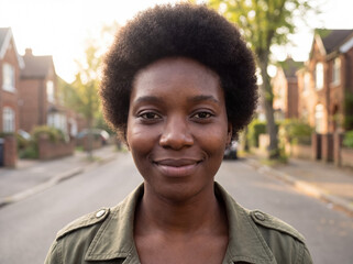 Fototapeta premium Smiling young black woman standing on a residential street at sunset, looking confident and happy
