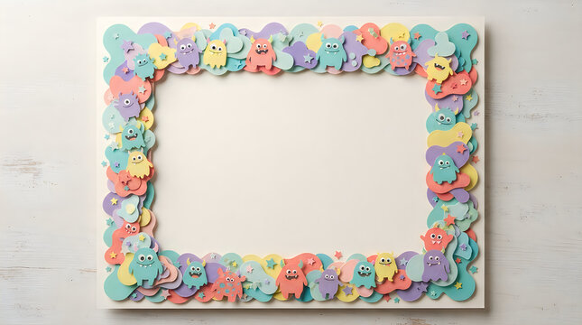 Decorative photo frame border with cute colorful cartoon monsters and funny creature characters