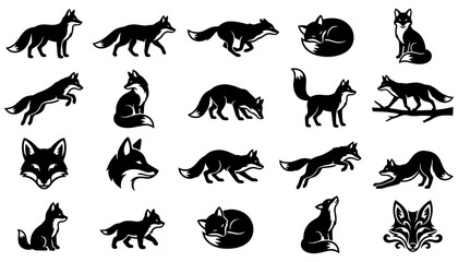 Obraz premium Fox Silhouettes Set with Various Poses and Actions, Including Sleeping, Running