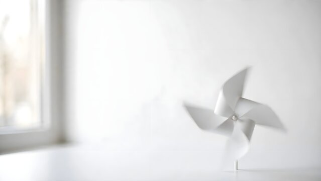 White paper pinwheel spinning against a bright window background