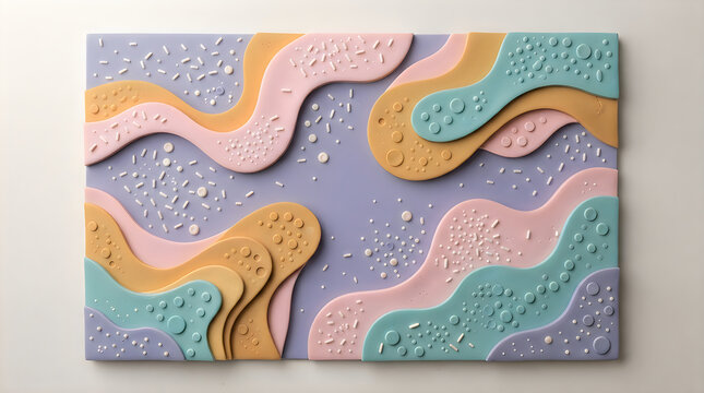 Abstract paper cut background with wavy layers in pastel pink green and orange with water drops