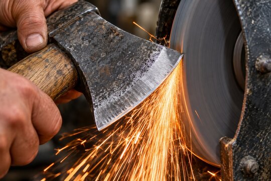 Sharpening an axe with a grinding wheel while sparks fly during the process
