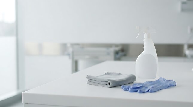 White plastic spray bottle with microfiber cloth and blue nitrile gloves placed on clean laboratory counter for sanitization and hygiene maintenance.