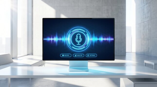 Speech recognition ai interface on computer screen with sound wave display
